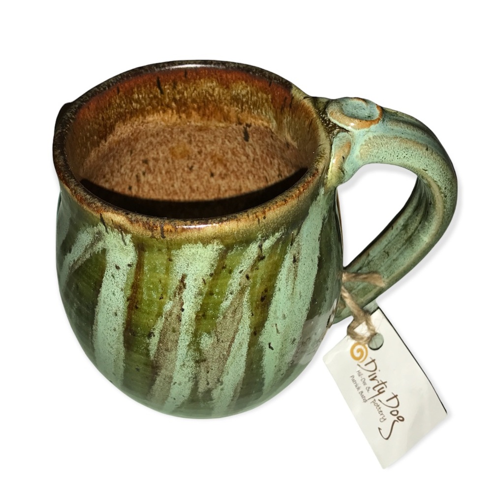 Brown & Two-Tone Green Striped Pottery Mug Pale/& Dark/Olive Green Coffee Cup